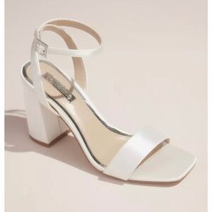 Women’s White Satin Block Heel Ankle Strap Sandals